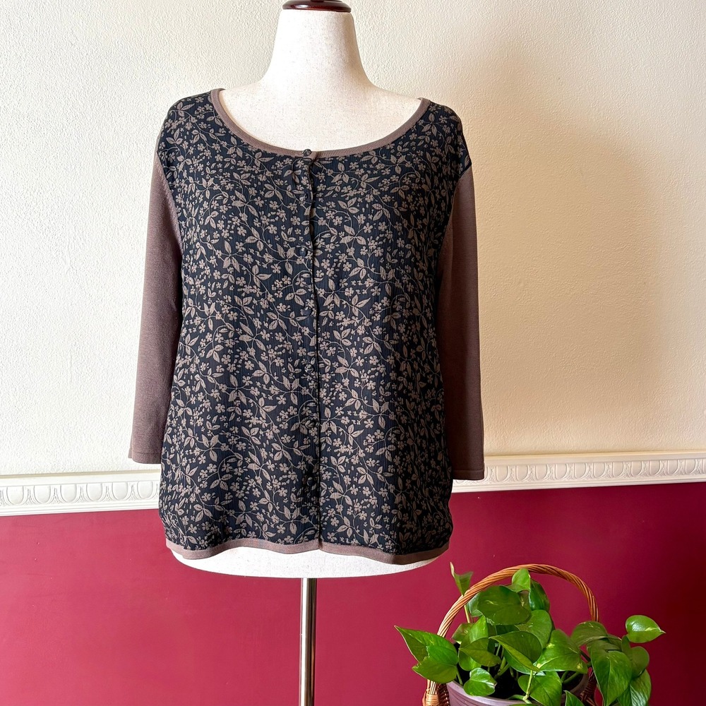 Vintage J.Jill Silk & Cotton Floral Cardigan Sweater Brown Black L Neutral Chic